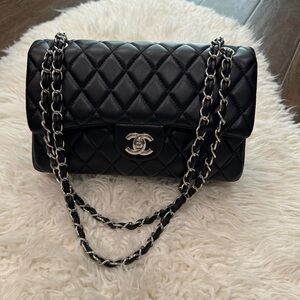 CC black quilted Bag with  Silver Chain